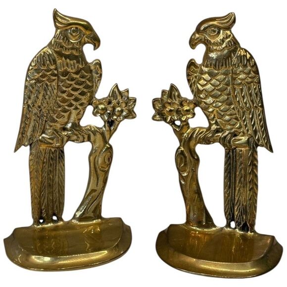 Vtg Andrea by Sadek Brass Parrot Bird Bookends 1980s Mid Century Pair - Picture 14 of 16